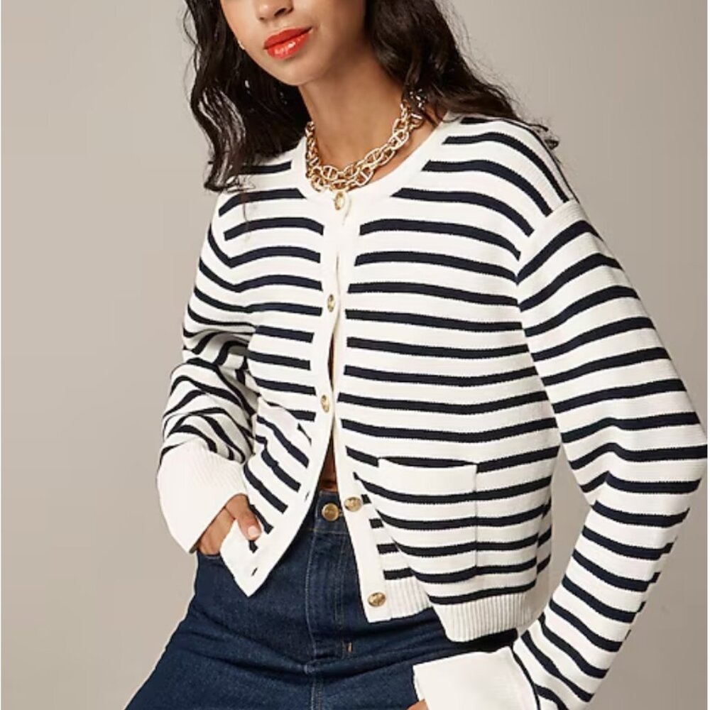 NWT JCREW New relaxed Emilie sweater lady jacket in stripe Natural / Navy